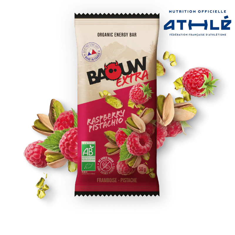 Barre Énergétique BAOUW BIO EXTRA Framboise-Pistache (50g)