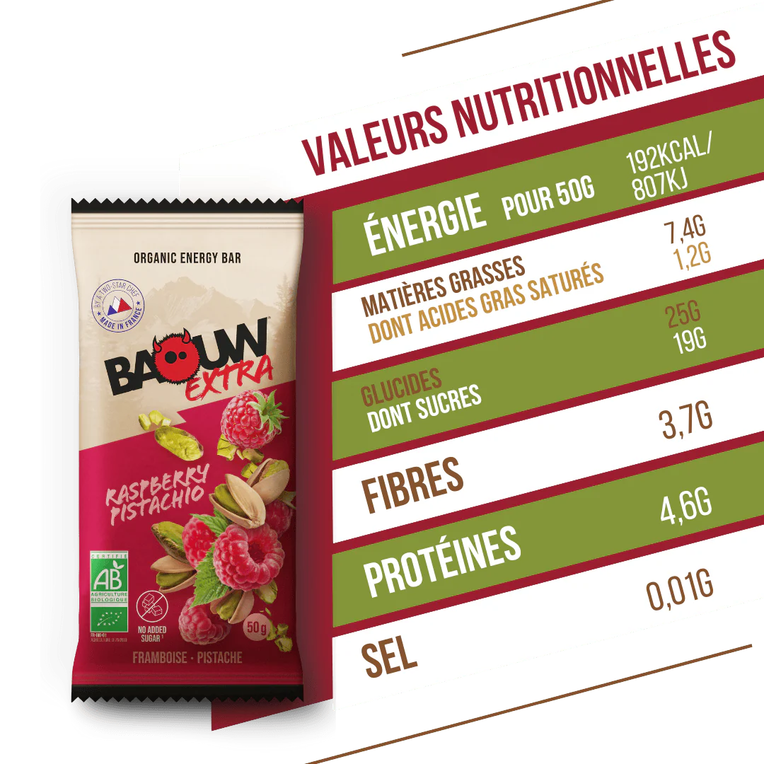 Barre Énergétique BAOUW BIO EXTRA Framboise-Pistache (50g) - Image 4
