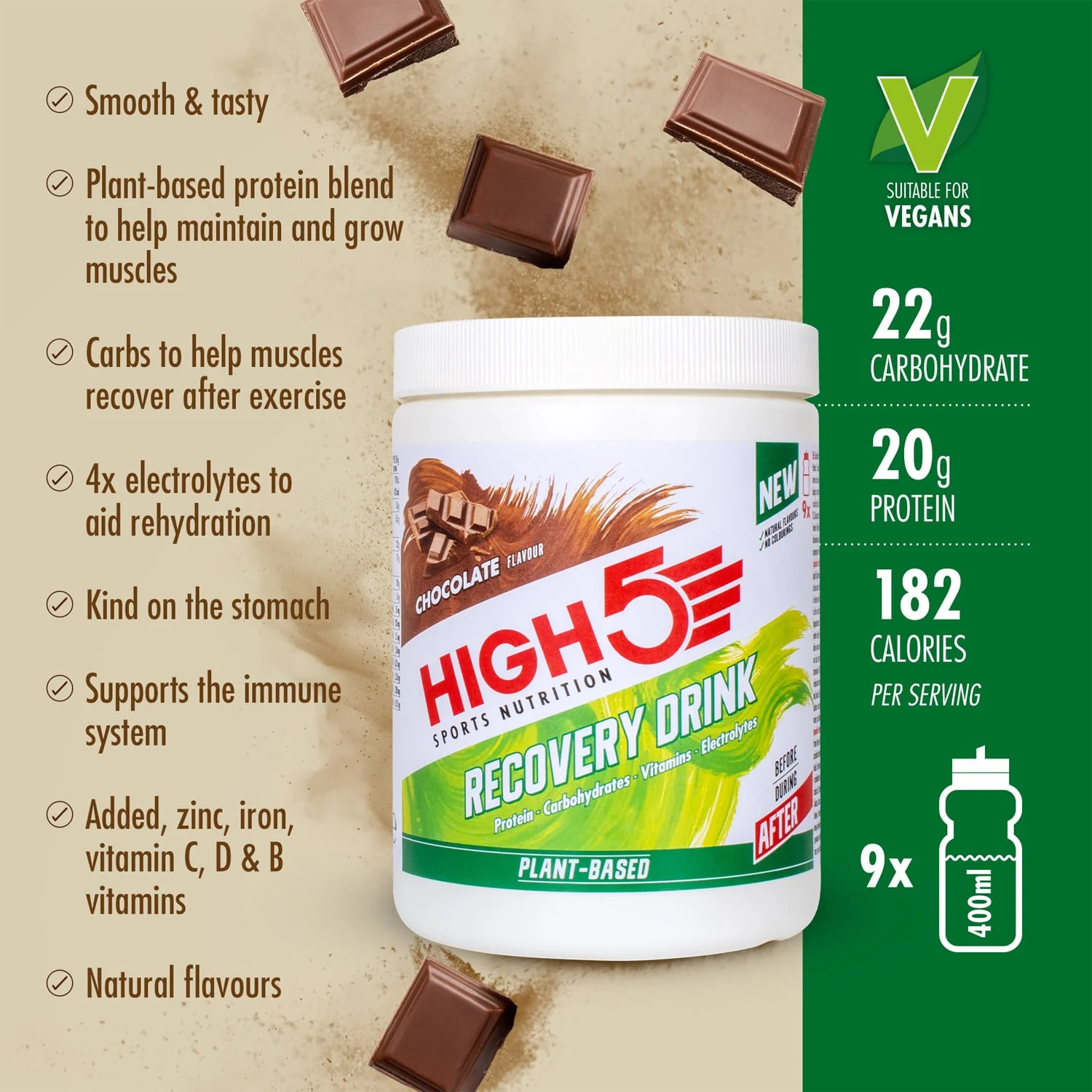 Boisson de Récupération HIGH5 PLANT-BASED RECOVERY DRINK (450g) Chocolat - Image 2
