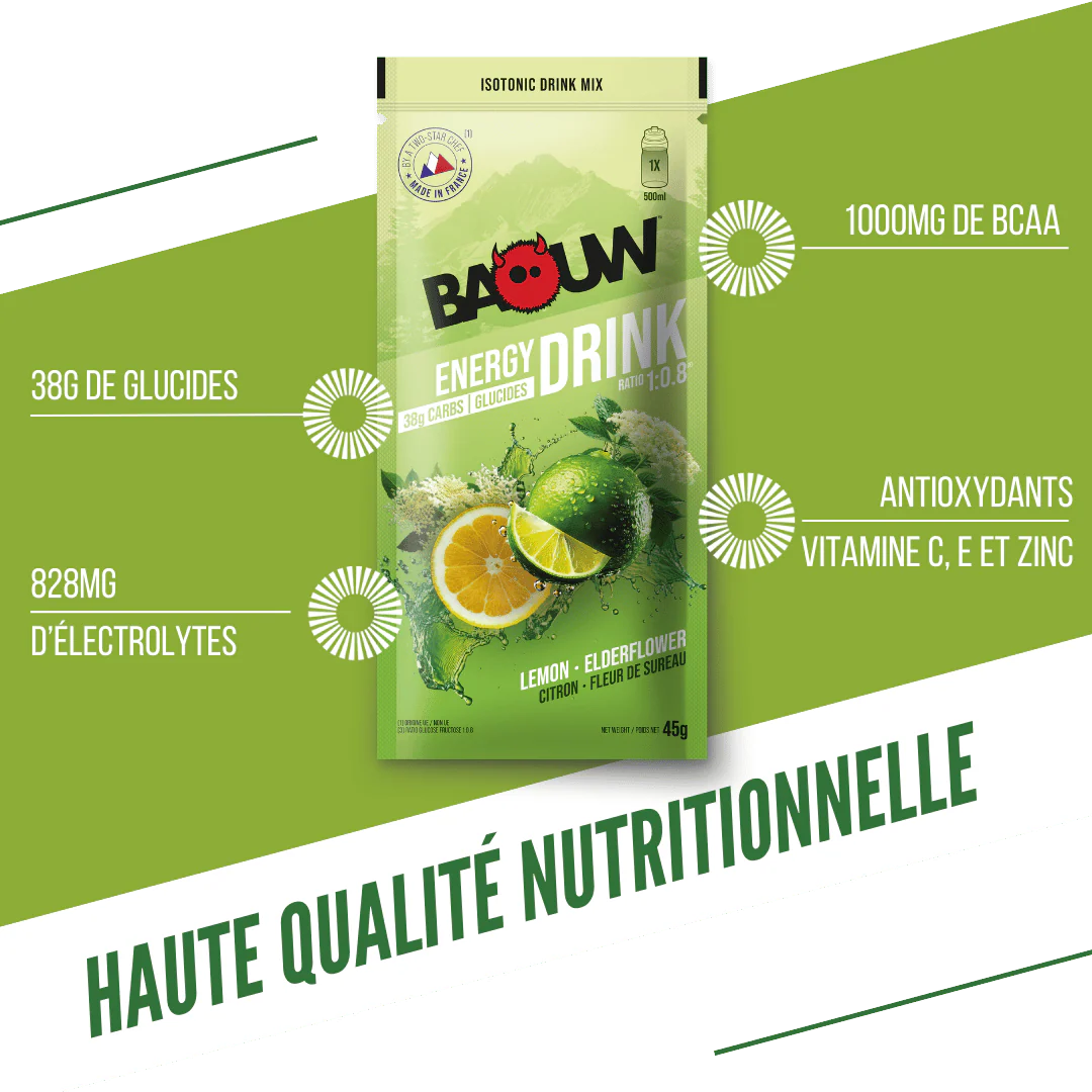 Boisson Énergétique BAOUW ISOTONIC (45g) Citron Vert/Fleur de sureau - Image 2