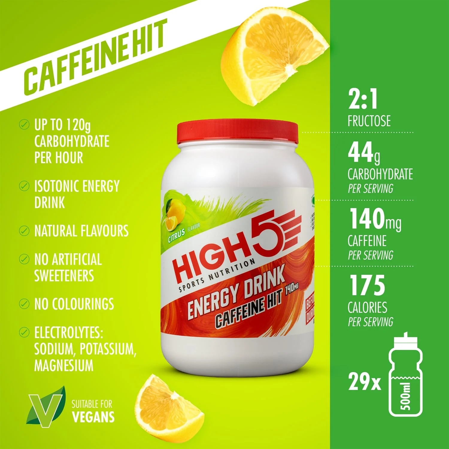 Boisson Énergétique HIGH5 ENERGY DRINK CAFFEINE HIT (1.4kg) Citron - Image 2