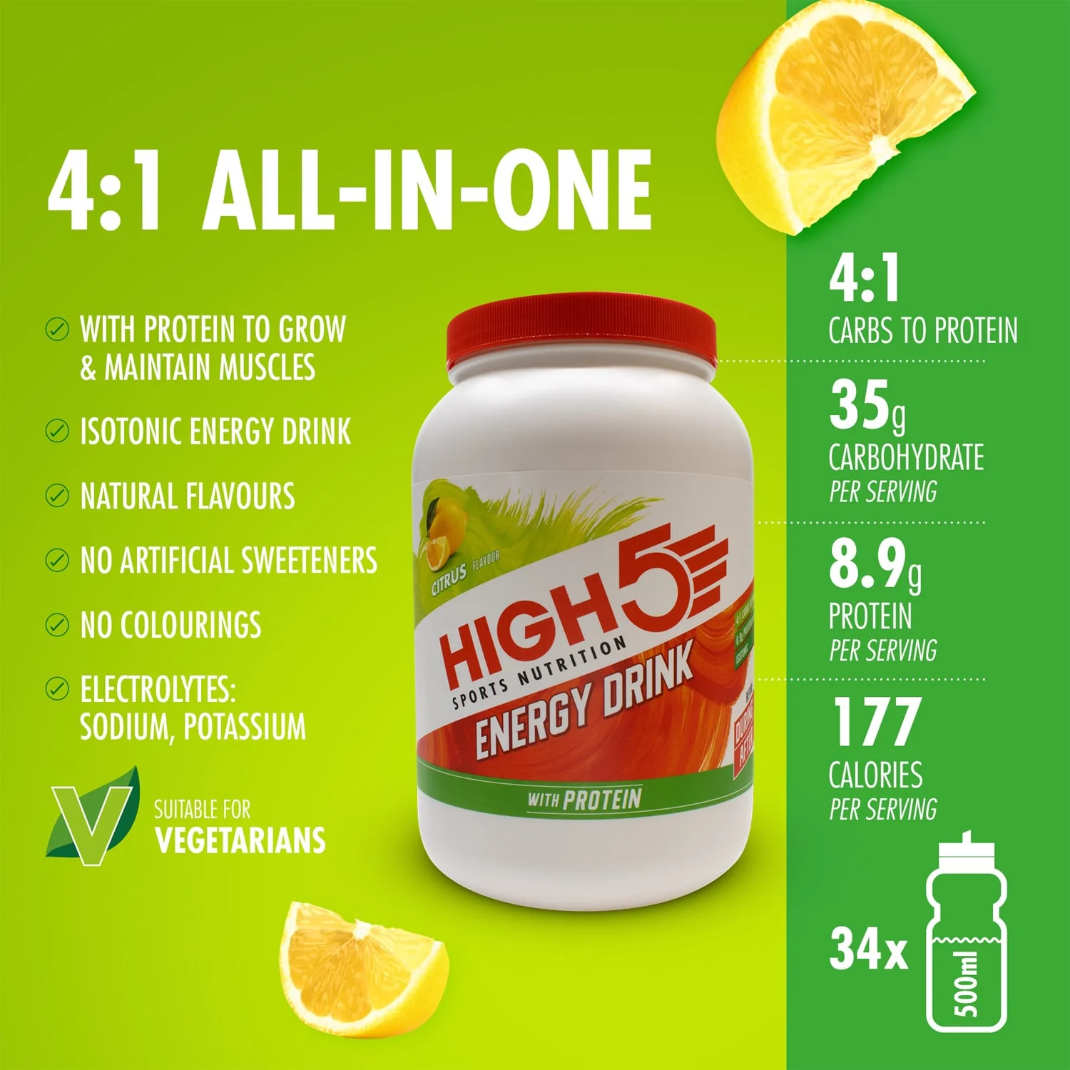 Boisson Énergétique HIGH5 ENERGY DRINK PROTEIN (1.6kg) Citron - Image 2