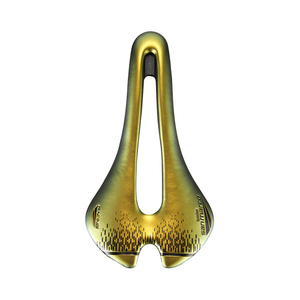 Selle SAN MARCO ASPIDE SHORT OPEN-FIT RACING L3 Largeur 155mm Rails Acier Xsilite Or - Image 3